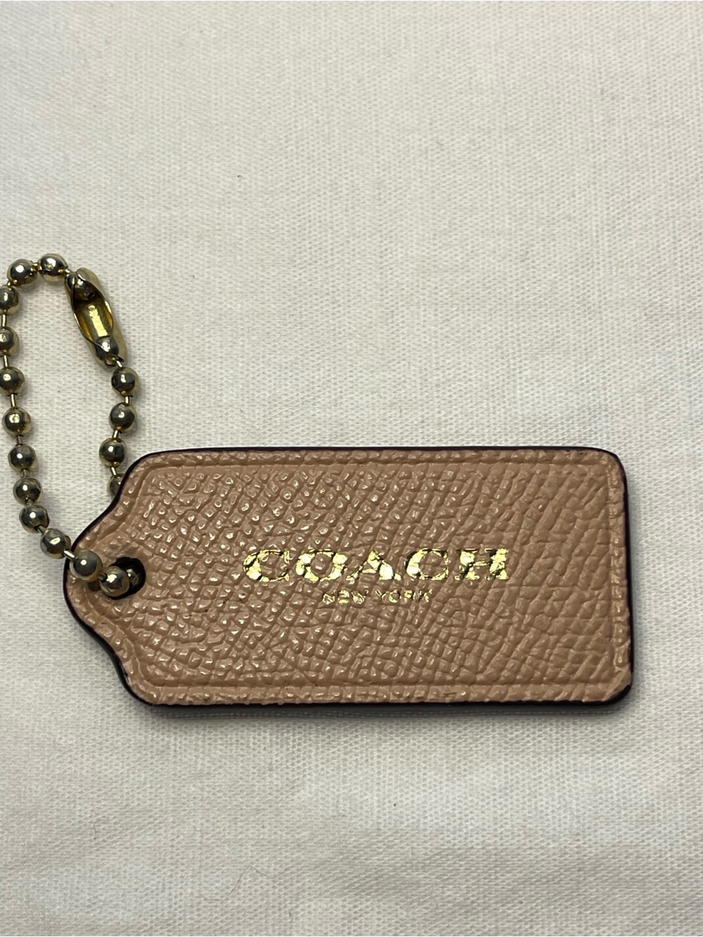 Coach Taupe Leather Hang Tag with Gold Foil Logo and Ball Chain